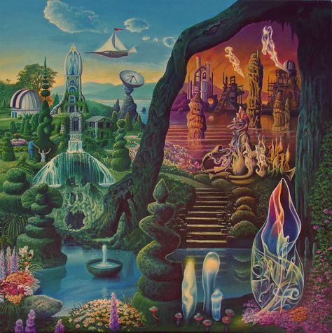 Fantasy Surrealism Art, Trippy Album Covers, Trippy Landscape Art, Exercise Bicycle, Surreal Nature, 70s Sci Fi Art, 동화 삽화, Arte Peculiar, Psychadelic Art