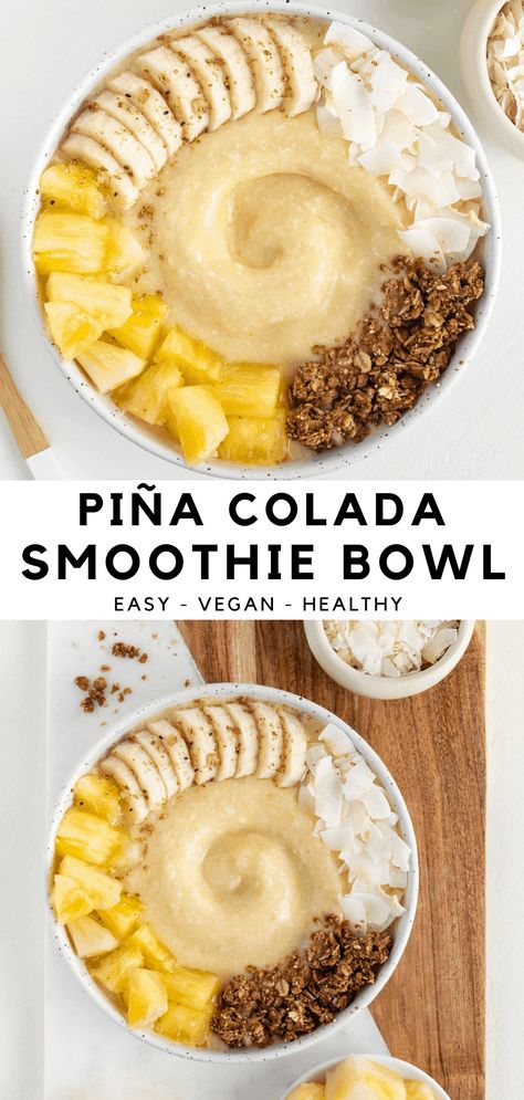 This piña colada smoothie bowl is a healthy, refreshing, and tropical treat! The recipe is vegan, dairy-free, and easy to make. It's a non alcoholic twist on the classic cocktail. Enjoy this pineapple coconut smoothie with your favorite toppings and a spoon! #pinacolada #smoothiebowl #smoothie #vegan #pineapple #coconut #dairyfree #veganbreakfast Unique Smoothie Recipes, Pineapple Healthy Recipes, Best Smoothie Bowl Recipe, Piña Colada Smoothie, Crab Dinner, Smoothies Bowls, Coconut Smoothie Bowl, Pineapple Coconut Smoothie, Smoothie Bowls Recipe Easy