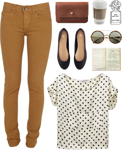 Classic and simple || black & white polka dot too, tan skinny jeans, black flats Mustard Pants, Drop Crotch Pants, Tan Pants, Mode Jeans, Ținută Casual, Business Casual Outfits, Work Attire, Outfit Casual, Mode Style