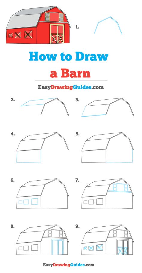 Country Drawings Easy Step By Step, Farm Drawings Easy, Barn Drawing Simple, Farm Drawing Easy, Farm Drawing, Barn Drawing, Trin For Trin Tegning, Drawing Instructions, Drawing Ideas Easy