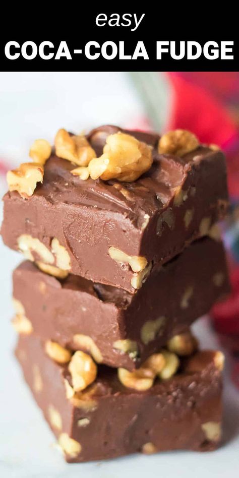 This Coca Cola Fudge has all the wonderful and decadent classic fudge flavors but with a surprising ingredient! A rich Coca-Cola reduction is added to make creamy, melt-in-your mouth squares of fudgy goodness! Easy Microwave Fudge, Gingerbread Fudge, Chocolate Walnut Fudge, Homemade Fudge Recipes, Peppermint Fudge, Walnut Fudge, Fudge Flavors, Microwave Fudge, Fudge Ingredients