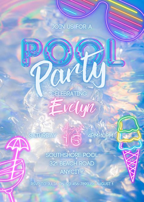 🏖Make a splash with our neon-lit pool party digital invitations, where the fun flows as freely as the shimmering waters.  These invites are a cool oasis of bright neon lights against a sparkling water backdrop, setting the stage for a pool party that's both vibrant and relaxed.  They're perfect for party-goers of any age, promising a day or night of chilled vibes and warm memories.  Customize to your heart's content, and let the good times ripple out to all your guests. 🌊 🍦Please note: this i Neon Pool Party Invitations, Neon Pool Party Decorations, Pool Party Invitations For Adults, Pool Party Neon Night, Invitaciones Pool Party, Neon Beach Party, Neon Pool Party Ideas, Dance Pool Party, Disco Pool Party