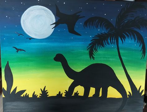 Paint A Dinosaur, Prehistoric Art Projects, Dino Canvas Painting, Painting Ideas Dinosaur, Dino Painting Easy, Dinosaur Painting Ideas, Dinosaur Painting Easy, Easy Dinosaur Painting, Dinosaur Canvas Painting