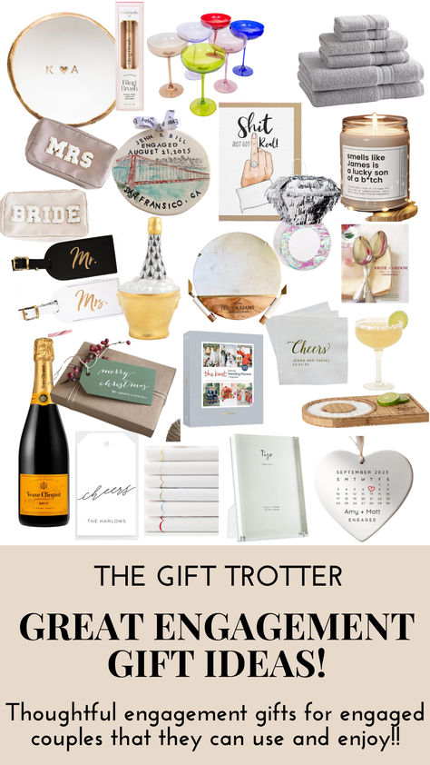 Do you know a newly engaged couple and need a thoughtful engagement gift stat? Check out this gift guide that included gifts for the bride, home gift ideas for their new place and personalized gifts with their new name! Lots of ways to gift and celebrate the married couple to be. Click here and find all the gift inspiration you need at The Gift Trotter! Get Gifting! Engagement Gifts Newly Engaged Friends, Sister Engagement Gift Ideas, Engagement Gifts For Couples Newly Engaged Unique, Unique Engagement Gifts For Bride, Engagement Gift Baskets For Couples, Engagement Party Present Ideas, Engagement Basket Ideas Couple, Gift For Engagement Couple, Elopement Gift Ideas