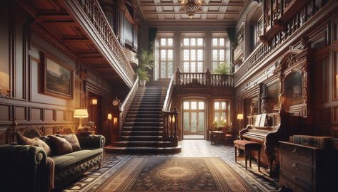 https://flic.kr/p/2pLQssf | Grand Entry Hall, Greystoke Manor | Presented is an interior design masterpiece: the grand entry hall of Greystoke Manor, complete with staircase with carved balustrades and pipe organ, corridors, doorways, great grandfather clock, piano, plush carpeting, tapestries, wainscotting, carved stone fireplaces, bookshelves of antiquarian tomes, and antique plush furniture all lit with ambient daylight streaming in through wood paneled windows.

This image is part of the Greystoke Manor series, a breathtaking tour of my Copilot assisted creation of a Scottish historic stately house. Carved Stone Fireplace, Manor House Interior, Manor Interior, Plush Furniture, Entry Hall, Wainscoting, Manor House, Stone Carving, Wood Paneling