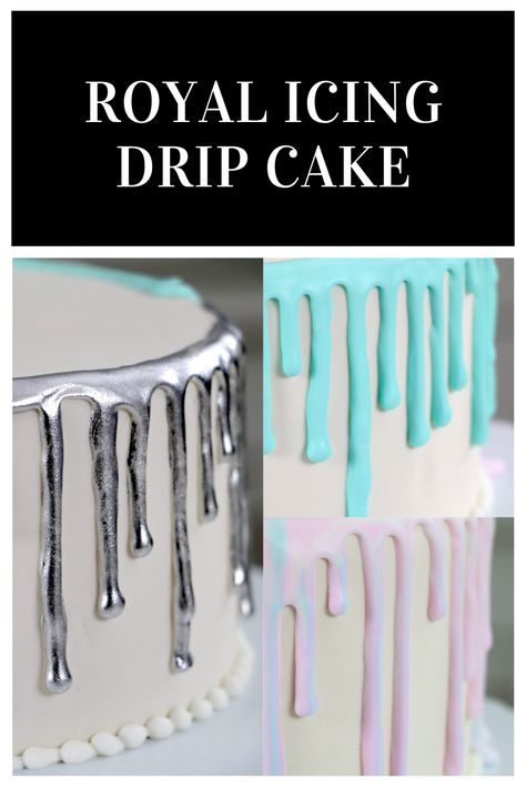 Royal Icing Drip Cake 👩🏼‍🍳✨ Today I'm teaching you how to use royal icing to create a pretty drip cake! I show you 3 different styles. The first is a solid drip, the second is a multicolor/marbled drip, and the third is a painted drip. You can paint your drip silver, gold, or any other color! Royal icing drip works great on a fondant covered cake and is really easy to do once you achieve the right consistency! Make Dripping Icing, Pour Icing On Cake, Icing Drip Recipe, Royal Icing Drip Recipe, Cake Decorating Dripping Icing, Drip Cake Icing Recipe, Easy Drip Icing, Fondant Drip Cake, How To Do Drips On Cake