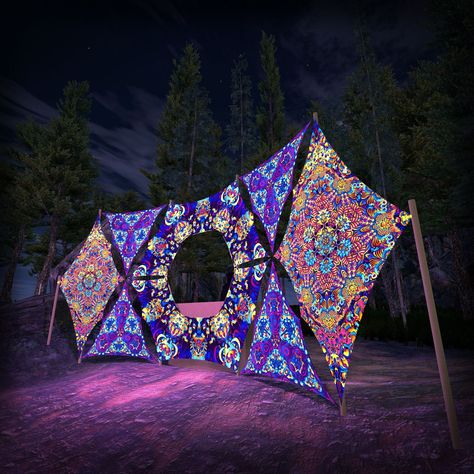 "This set has 7 elements: 🔥 1 UV-Hexagon with a window - 4,5mx3,9m/14,76ftx12,8ft at a safe stretch 🔥 2 UV-Diamonds - 3.4m/11ft at a safe stretch 🔥 4 UV-Triangles - 2,25mx1,8m / 7,38ftx5,9ft at a safe stretch Donut DJ-Stage \"KL-DN04\" is a part of the \"Kali in Acidland\" collection. Great for decorating Goa and Full-On Trance parties. The window in the hexagon is already cut but you have an option of closing it since the parts of the textile are still connected to the main part on one side. All elements have loops along the perimeter and we add a set of carabiners so it's very easy to connect the parts together and to the wireframe you will build. You can build multiple variants of DJ-Stages with this set. We are providing you with 5 layouts but you can surely come up with other ideas Party Floor Decorations, Dj Stage Design, Small Stage Design, Vw Buzz, Trance Party, Uv Party, Dj Stage, Festival Themed Party, Beach Events