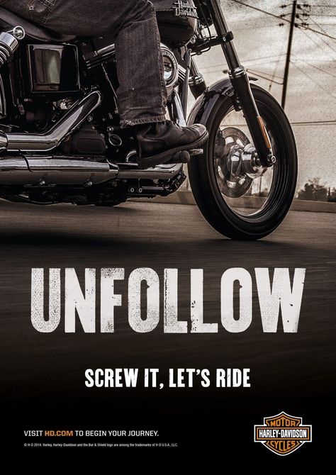 Our local creative work for the Harley-Davidson® 'Screw It, Let's Ride' campaign. Digital Ad Motorcycle Ads, Advertising Words, Harley Davidson Posters, Motorcycle Events, Creative Advertising Design, Fotografi Vintage, Motorcycle Posters, Biker Outfit, Kid Friendly Travel Destinations