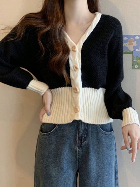 Women's V-Neck Knitted Cardigan Black Casual  Long Sleeve Knitted Fabric Colorblock  Slight Stretch  Women Clothing, size features are:Bust: ,Length: ,Sleeve Length: Punk Woman, Black Knit Cardigan, Silk Stockings, Stocking Tights, Loose Pullover, Life Ideas, Cardigan Black, Casual Black, Future Life