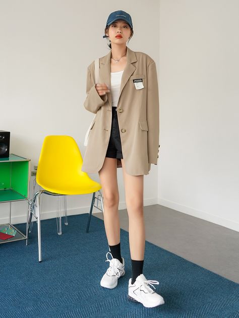 Khaki Casual  Long Sleeve Polyester Letter Regular Embellished Non-Stretch Spring/Fall Women Suits Korean Outfits Women, Long Blazer Outfit, Spring Outfits Korea, Korean Spring Outfits, Outfit Korean Style, Blazer Outfits Casual, Workwear Style, Women Blazers, Blazer Outfits For Women