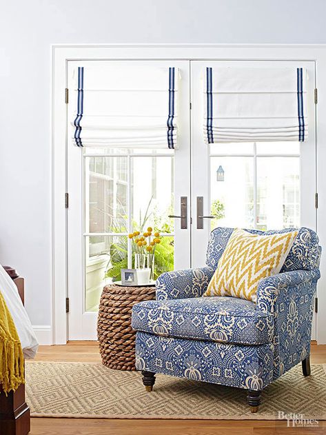 Window Treatments for Tricky Doors Roman Shades Bedroom, Shades For French Doors, Roman Blinds Bedroom, French Door Window Treatments, French Door Windows, Door Shades, Sliding French Doors, Door Window Treatments, Door Coverings