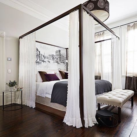 Poster Bed With Curtains, Bed With Curtains, Four Poster Bedroom, Romantic Bedroom Design, Bedroom Designs For Couples, Bedroom Ideas Romantic, Beautiful Bedrooms Master, Four Poster Bed, Bedroom Furnishings