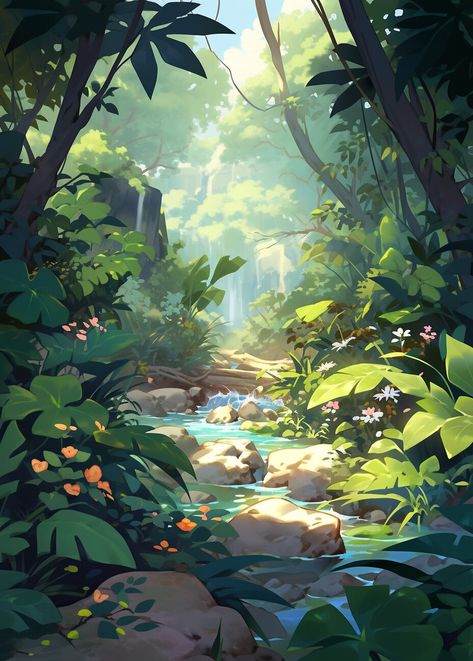 Anime Jungle, Jungle Drawing, Jungle Painting, Jungle Scene, Jungle Illustration, Concept Art Tutorial, Jungle Art, Forest Illustration, Landscape Concept