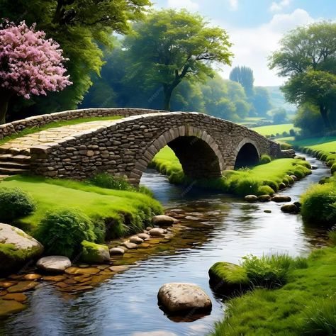 Premium AI Image | This stone bridge nestled within the serene bucolic landscape exudes an undeniable charm It gracefu Pictures Of Bridges, Bridge Drawing, Beautiful Bridges, Charm It, Stone Bridge, Building Designs, Blackpool, Art Stuff, Building Design