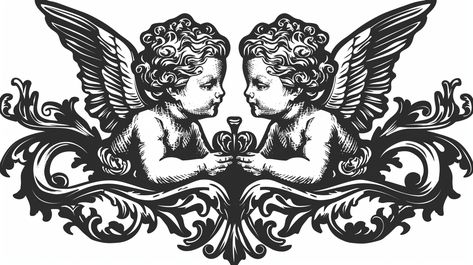 Cherubs with Lyras Tattoo White Background, Wilderness Tattoo, Three Angels, Angel Vector, Cherub Tattoo, Inspirational Digital Art, Simple Tattoos For Guys, Gothic Angel, Woodcut Print