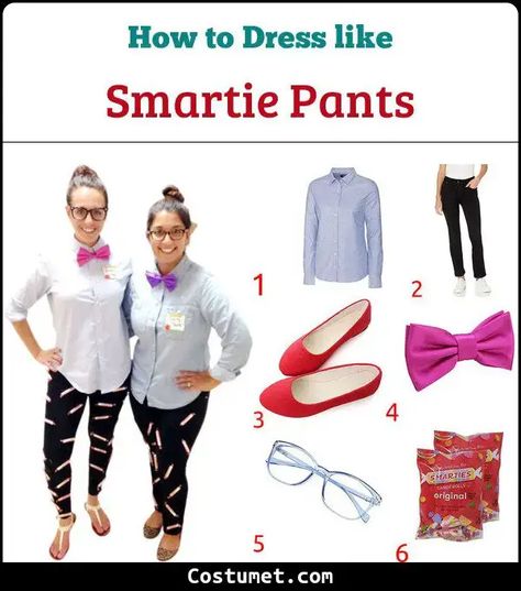 Smartie Pants Costume for Cosplay & Halloween 2023 Smarty Pants Costume Diy, Smartie Pants Costume, Smarty Pants Costume, Hot Pink Bow Tie, Smarties Candy, Pink Bow Tie, Smarty Pants, Red Flats, Halloween 2023