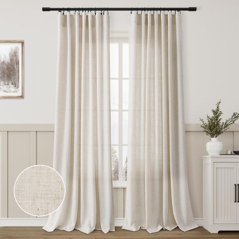 PRICES MAY VARY. Basic Information: Set of 2 Linen Curtain Panels per package. Each panel measures width 52 x 90 length. 3 Hanging Options for different look: Hang these curtain panels by back loops to hide the curtain rod and create an elegant pleated effect, from the 3 inch rod pocket for a classic look, or using clip rings for easy sliding open and closed (clip rings are not included) Rich Linen Blend: These solid curtain panels are made from a linen blend fabric that maintains the soft feel Ivory Curtains Living Room, Long Linen Curtains, Room Sunlight, Extra Long Curtains, White Linen Curtains, Neutral Curtains, Cream Curtains, Beige Curtains, Linen Curtain Panels