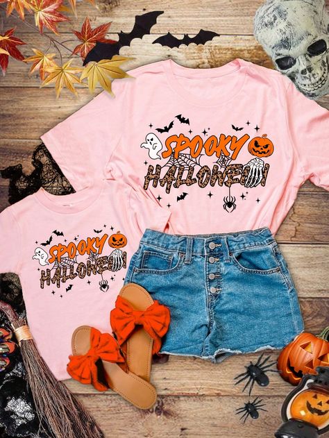 Mommy And Me Halloween, "Halloween Shirt Young Girl Here For The", Cute Groovy Halloween Shirts Toddler Tee Retro Halloween, Halloween Girl Shirt, Spooky Vibes, Halloween Party Gift, Young Girl Casual Pumpkin Print Short Sleeve T-Shirt Suitable For Summer, Cotton Coral Pink Casual  Short Sleeve Knitted Fabric Christmas,Geometric,Halloween,Letter  Slight Stretch  Young Girls Clothing, size features are:Bust: ,Length: ,Sleeve Length: Geometric Halloween, Halloween Letras, Groovy Halloween, Halloween Shirts Kids, Halloween Party Gifts, Rosa Coral, Fall Shirts Women, Halloween Retro, Halloween Shirts