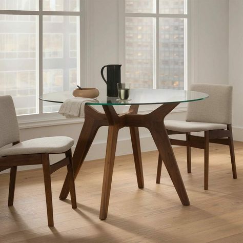 Round Glass Dining Table, Dining Table For 4, Dining Table For 6, Glass Round Dining Table, Walnut Dining Chair, Modern Dining Tables, Article Furniture, Glass Top Dining Table, Walnut Dining Table