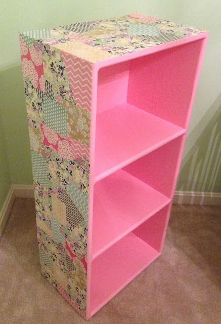 A Little Bolt of Life: DIY Decoupage Bookcase Decoupage Bookcase, Leftover Wallpaper, Diy Bookcase, Diy Decoupage, Diy Bookshelf, Wallpaper Diy, Shoe Cupboard, Kraf Kertas, Mixed Patterns