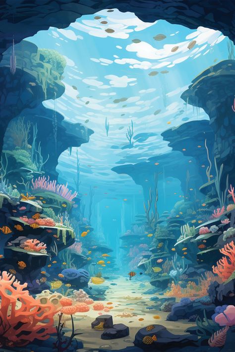 Underwater scene, crystal clear water, beautiful, coral reef, salt water fish, caustics, cliffs, cave, orange, pink, yellow, green, Summer aesthetic, beach vibes, pool vibes Sea Illustration, Underwater Scene, Aesthetic Print, Wallpaper Art, Beautiful Summer, Marine Life, Summer Aesthetic, Under The Sea, The Sea