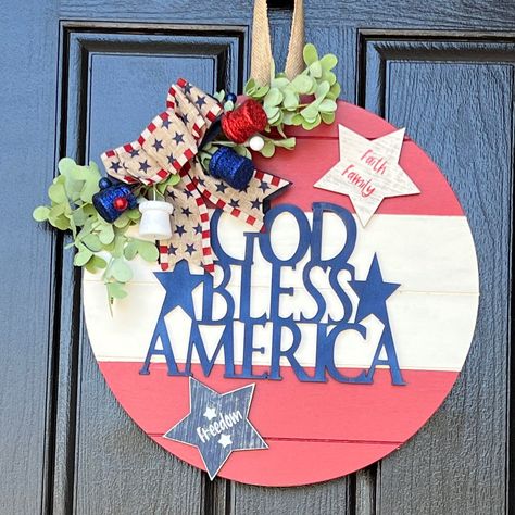 - God Bless America Patriotic Sign -This sign measures either 18 inches on shiplap style Baltic Birch Wood - This sign is painted on the front and back with satin outdoor paint for protection        from the elements.        - Hanger comes with burlap hanger on back for hanging and is reinforced.     - This Hanger comes with felt pads on the back to protect your door.  -  This sign weighs approximately 4-5 pounds -   The words on this sign are made of wood not vinyl  ** All signs are sealed and Patriotic Front Door Decor, 4th Of July Door Hanger, Tag Signs, Patriotic Front Door, Door Tag, Patriotic Door Hanger, Patriotic Sign, July Wreath, Signs Diy