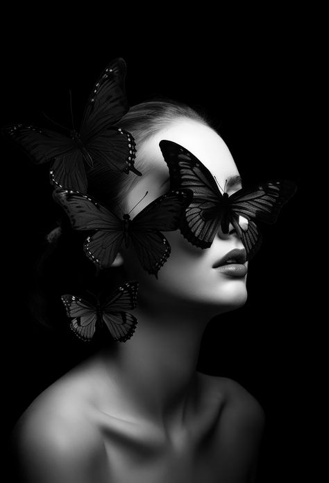 Black Butterfly Photography, Butterfly On Face Photography, Black And White Butterfly Photography, Woman Butterfly Art, Black And White Woman Aesthetic, Black And White Photography Black Women, Woman Face Photography Black And White, Face Covered Photography, Artistic Portraits Photography Women