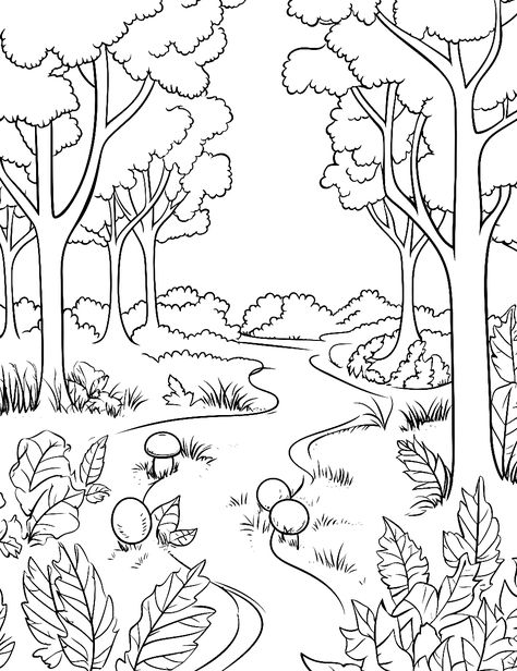 Nature Coloring Sheets Free Printable, Forest Colouring Page, Nature Coloring Pages Free Printable, Cute Coloring Pages Printable, Nature Colouring Pages, Drawing Ideas Forest, Forest Drawing Simple, Woodland Coloring Pages, Nature Coloring Pages For Kids