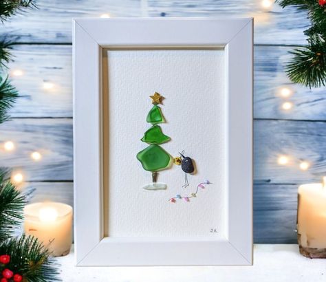 Sea Glass Xmas Tree, Sea Glass Coffee Art, Christmas Sea Glass Crafts, Sea Glass Framed Art, Christmas Glass Art, Sea Glass Christmas Tree Diy, Christmas Sea Glass Art, Sea Glass Christmas Trees, Sea Glass Pictures