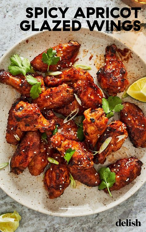 Venture out and try a new wing flavor like these covered in a Spicy Apricot Glaze. These wings are amazingly crispy and have a sweet and spicy flavor that is to die for. Glazed Wings, Tailgate Treats, Hot Wing Recipe, Piri Piri Chicken, Grilled Wings, Superbowl Appetizers, Pepper Jelly, Hot Wings, Chicken Wing Recipes