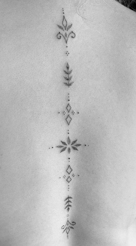 Spine Tattoos For Women Geometric, Delicate Spinal Tattoos For Women, Spine Tattoo Mandala, Sparkle Spine Tattoo, Fine Spine Tattoo, Sun Tattoo Spine, Book Spine Tattoo, Long Back Tattoo, Down The Spine Tattoos For Women