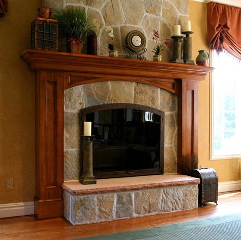 The wood surround is beautiful! Tiled Fireplace, Fireplace Gallery, Fireplace Bookshelves, Fireplace Tile Surround, Fireplace Hearth, Fireplace Remodel, Wood Fireplace, Home Fireplace, Fireplace Tile