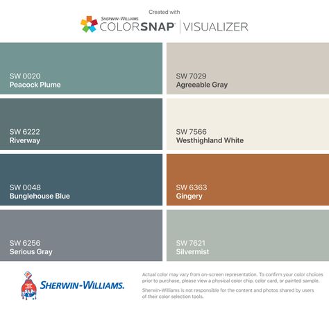 I found these colors with ColorSnap® Visualizer for iPhone by Sherwin-Williams: Peacock Plume (SW 0020), Riverway (SW 6222), Bunglehouse Blue (SW 0048), Serious Gray (SW 6256), Agreeable Gray (SW 7029), Westhighland White (SW 7566), Gingery (SW 6363), Silvermist (SW 7621). #sherwinwilliamsagreeablegray I found these colors with ColorSnap® Visualizer for iPhone by Sherwin-Williams: Peacock Plume (SW 0020), Riverway (SW 6222), Bunglehouse Blue (SW 0048), Serious Gray (SW 6256), Agreeable Gray (S Moody Blue Green Paint Colors, Blue Green Paint Colors, Repose Gray, Agreeable Gray, Sherwin Williams Paint Colors, Exterior Paint Colors For House, Interior Paint Colors, Exterior Paint Colors, Paint Colors For Home