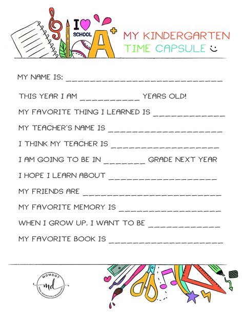 Kindergarten Time Capsule FREE PRINTABLE : End of School Printable and document in their words Time Capsule Letter, Time Capsule Kids, Memory Book Kindergarten, Printables Free, End Of School, Letter Template, Teacher Name, Toddler Learning, Time Capsule