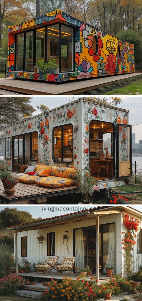 Revel in the fusion of art and sustainability with these floral-painted container homes, each a vibrant masterpiece. #shippingcontainerhomes #architecture #containerhouse #containerhousedesign #containerhouseideas #containercabin #tinyhousedesign #containerhomes #housedesign #beforeandafterhome House Inspo Modern, Farmhouse Modern House, Exterior Modern Farmhouse, House Exterior Beach, Home Designs Exterior, Container Cabin, Shipping Container House Plans, Prefab Cabins, Tiny House Inspiration