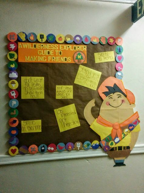 Up Wilderness Explorer Badges, Explore Bulletin Board, Up Themed Bulletin Board Ideas, Up Themed Classroom Door, Explorers Classroom Theme, Explorer Theme Classroom, Up Theme Bulletin Board, Explore Classroom Theme, Wilderness Bulletin Board Ideas