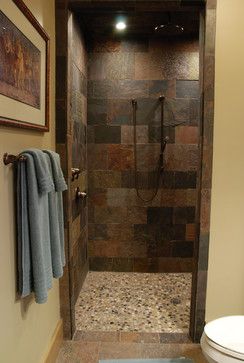 Rustic Shower Tile, Small Shower Remodel, Slate Wall, Remodel Basement, Floor Designs, Rustic Shower, Rustic Bathroom Designs, Shower Floor Tile, Bathroom Small