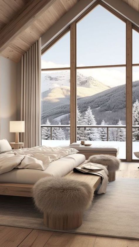 Mountain Chalet Interior Modern, Chalet Chic Outfit, Modern Mountain House Interior Design, Chalet Fashion, Mountain Modern Bedroom, Ski Chalet Bedroom, Mountain Chalet Interior, Modern Chalet Interior, Chalet Aesthetic