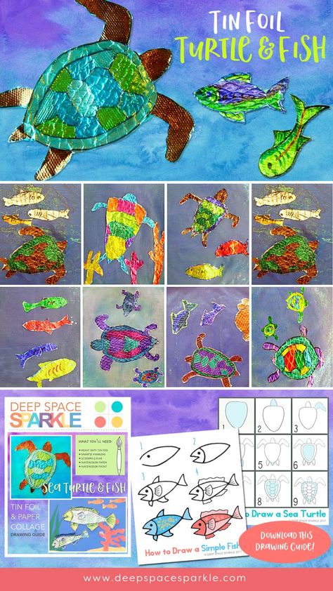 This tin foil sea turtle and fish collage was a huge hit with my third-grade class. It's perfect for Spring and can be used for an Earth Day craft. Click to get the free video lesson and download the printable. Sea Turtle Diorama For Kids, Sea Turtle Art Project, Sea Turtle Art For Kids, Turtle Art For Kids, Turtle Art Project, Sea Turtle Activities, Coastal Hallway, Sea Turtle Craft, Berkeley Library