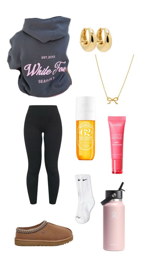 Lululemon Align Leggings, Hydroflask Water bottle Trillium, Gold Bow necklace, Nike socks, White Fox Hoodie, Gold Hoop Earrings, Laneige Lip Glowy Balm Berry, Sol De Janeiro 62, UGG Tasman Slippers Cozy Hoodie Outfit, White Fox Hoodie, Laneige Lip Glowy Balm, Hydroflask Water Bottle, Lip Glowy Balm, Tasman Slippers, Fox Hoodie, Laneige Lip, Ugg Tasman Slippers