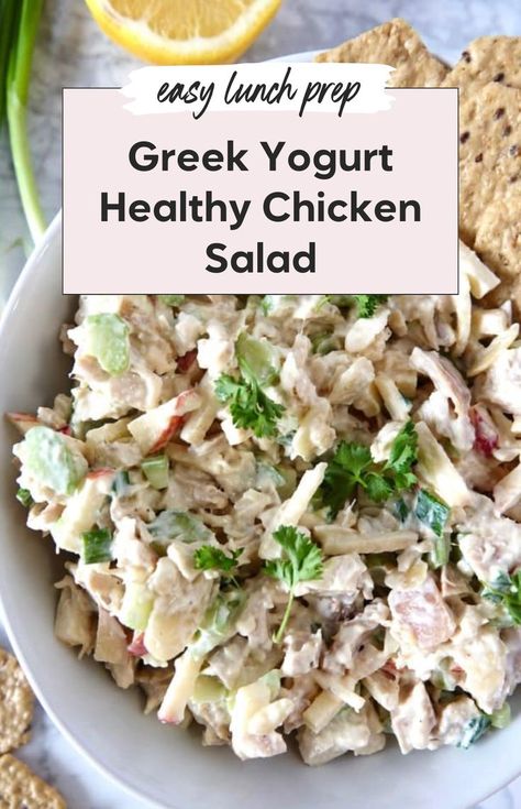 Try this healthy chicken salad recipe with yogurt, perfect for a healthy high protein lunch. This greek yogurt chicken salad is packed with apples, celery, and almonds, making it the best meal prep chicken salad. Enjoy this lightened up and low carb version of your favorite healthy chicken salad. Best Meal Prep Chicken, Meal Prep Chicken Salad, Healthy High Protein Lunch, High Protein Chicken Salad, Easy Lunch Prep, Recipe With Yogurt, Low Carb Chicken Salad, High Protein Lunch, Greek Yogurt Chicken Salad