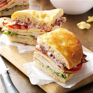 Turkey Focaccia Club Recipe -My family thinks this sandwich is pure heaven, thanks to the cranberry-pecan mayo. It's so good, I'm asked to make it all year long. —Judy Wilson, Sun City West, Arizona Panera Sandwiches, Signature Sandwiches, Panera Recipes, Sandwich Ideas, Panera Bread, Copycat Restaurant Recipes, Turkey Sandwiches, Chapati, Cat Recipes