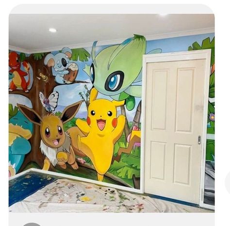 Pokemon Wall Mural, Pokémon Mural, Pokemon Room Ideas Kids, Pokemon Mural, Pokemon Nursery, Pokemon Bedroom, Pokemon Room, Kid Bedrooms, Small Game Rooms