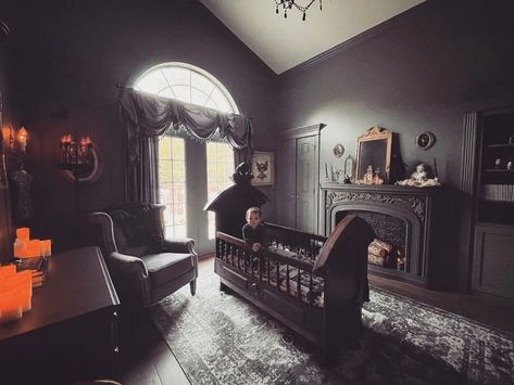 Comfortable Room Decor, Vintage Gothic Nursery, Adams Family Nursery, Gothic Nursery Ideas Victorian, Alt Baby Nursery, Pastel Goth Nursery, Spooky Nursery Ideas, Gothic Crib, Spooky Baby Nursery