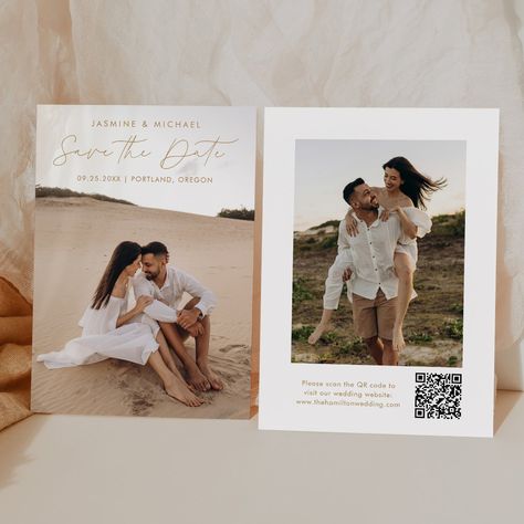 Announce your upcoming wedding in style with this trendy Modern Gold Script QR code save the date card! The design features "Save the Date" displayed in trendy gold calligraphy overlay with your full-bleed, vertical engagement photo. Personalize the front of the minimalist save the date with your names, wedding date, and location. The back of the card displays an additional image with a QR code for guests to scan to visit your wedding website. The chic gold save the date is the perfect choice for modern weddings. Save The Date With Qr Code, Save The Date Examples, Engagement Announcement Cards, Save The Date Inspiration, Save The Date Pictures, Minimalist Save The Date, Gold Save The Dates, Card Displays, Unique Save The Dates