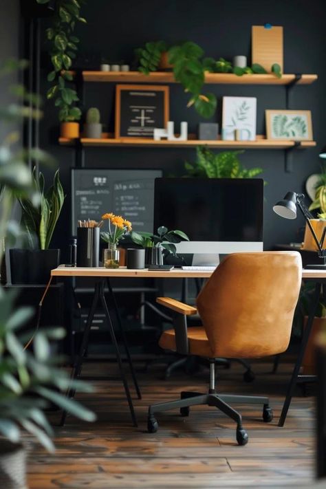 Elevate Your Workspace: Dark Office Ideas Office Ideas Moody, Male Office Design, Dark Office Inspiration, Small Office Masculine, Deep Blue Office, Office Workplace Aesthetic, Dark Blue Office Design, Dark Green Moody Office, Moody Office Aesthetic