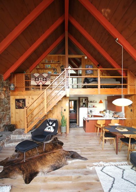 Idyllhaus - Mid-century A-frame chalet - Cabins for Rent in Idyllwild-Pine Cove, California, United States - Airbnb Glamping California, A-frame Interior, Retro Cabin, Idyllwild Ca, A Frame Cabins, A Frame House Plans, Cabin Interiors, Romantic Cottage, A Frame Cabin