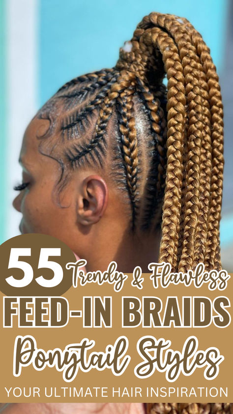 Feed-In Braids Ponytail Scalp Braid Ponytail, Boho Stitch Braids Ponytail, Feed In Braided Ponytail, Braided Ponytail With Curls, Stitch Braided Ponytail, Stitch Braids Ponytail, Boho Stitch Braids, Ponytail Braids Hairstyles, Ponytail Styles For Black Women