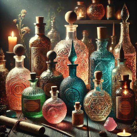 Alchemy Potions SVG This image showcases an exquisite collection of intricately designed potion bottles, each with unique patterns and vibrant colors. The bottles, some filled with mysterious liquids, are set against a dimly lit background with the warm glow of candles, creating a magical and mystical ambiance. The scene evokes the essence of a sorcerer's or alchemist's workshop, filled with enchanting tools of the trade. Magic Candle Art, Vintage Potion Bottles, Alchemy Potions, Alchemy Bottles, Magic Apothecary, Magical Ingredients, Witchcraft Art, Witchcraft Decor, Room Box Miniatures