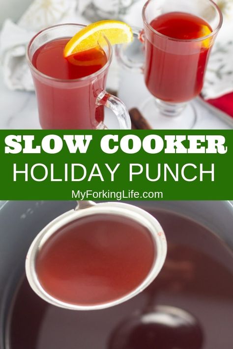 ”This Slow Cooker (Instant Pot) Hot Holiday Punch is the perfect warm drink for the cold weather this Holiday season. The cinnamon candy and cinnamon sticks give this warm punch a nice touch of spice. Make it non-alcoholic or add a bit for the grown-ups. #myforkinglife #crhistmasrecipe #holdiayrecipes #newyears #instantpot #slowcooker” Warm Christmas Drinks, Hot Christmas Drinks, Hot Alcoholic Drinks, Alcohol Punch, Crockpot Drinks, Christmas Drinks Nonalcoholic, Warm Holiday Drinks, Christmas Drinks Alcohol, Hot Drinks Recipes